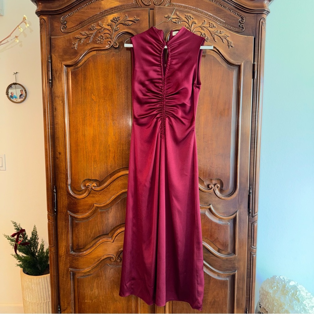 Sandro Ruched Satin Wine Red Midi Dress sleeveless - Picture 2 of 6